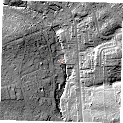 Shaded relief map of the ground around EN49RL, computed from Environment Agency LiDAR. The ground here sits at about 49 m above sea level and falls 40 m across the surrounding 800 m. Surface water reaching this point runs off ground lying to the north-north-east, 29.4 m higher.