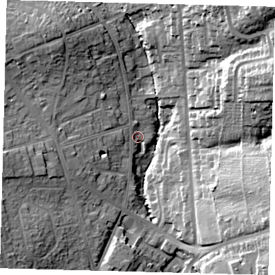 Shaded relief map of the ground around EN49RN, computed from Environment Agency LiDAR. The ground here sits at about 50 m above sea level and falls 33 m across the surrounding 800 m. Surface water reaching this point runs off ground lying to the west, 17.5 m higher.