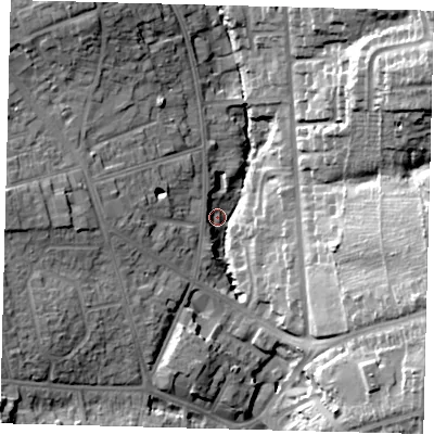 Shaded relief map of the ground around EN49RP, computed from Environment Agency LiDAR. The ground here sits at about 47 m above sea level and falls 31 m across the surrounding 800 m. Surface water reaching this point runs off ground lying to the west, 12.5 m higher.