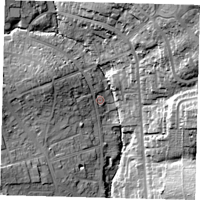 Shaded relief map of the ground around EN49RX, computed from Environment Agency LiDAR. The ground here sits at about 51 m above sea level and falls 40 m across the surrounding 800 m. Surface water reaching this point runs off ground lying to the west-north-west, 9.9 m higher.