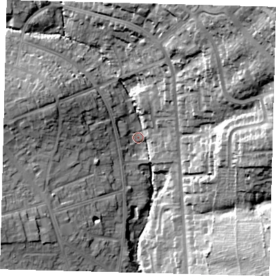 Shaded relief map of the ground around EN49RY, computed from Environment Agency LiDAR. The ground here sits at about 49 m above sea level and falls 40 m across the surrounding 800 m. Surface water reaching this point runs off ground lying to the north-east, 31.9 m higher.