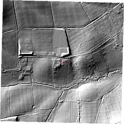 Shaded relief map of the ground around EN52AG, computed from Environment Agency LiDAR. The ground here sits at about 99 m above sea level and falls 25 m across the surrounding 800 m. Surface water reaching this point runs off ground lying to the west, 3.7 m higher.