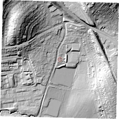 Shaded relief map of the ground around EN52DN, computed from Environment Agency LiDAR. The ground here sits at about 83 m above sea level and falls 40 m across the surrounding 800 m. Surface water reaching this point runs off ground lying to the north-west, 28.2 m higher.