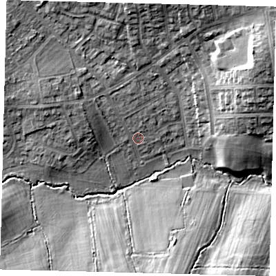 Shaded relief map of the ground around EN52PX, computed from Environment Agency LiDAR. The ground here sits at about 83 m above sea level and falls 15 m across the surrounding 800 m. Surface water reaching this point runs off ground lying to the west-north-west, 6.3 m higher.