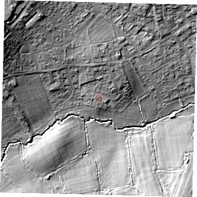 Shaded relief map of the ground around EN52QD, computed from Environment Agency LiDAR. The ground here sits at about 86 m above sea level and falls 20 m across the surrounding 800 m. Surface water reaching this point runs off ground lying to the north, 3.9 m higher.
