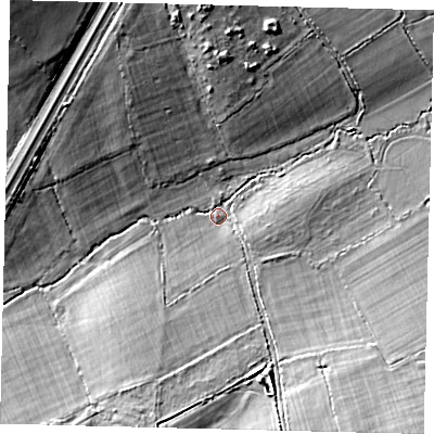 Shaded relief map of the ground around EN53JE, computed from Environment Agency LiDAR. The ground here sits at about 94 m above sea level and falls 18 m across the surrounding 800 m. Surface water reaching this point runs off ground lying to the north-north-west, 9.9 m higher.
