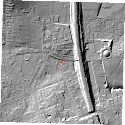 Shaded relief map of the ground around EN55HP, computed from Environment Agency LiDAR. The ground here sits at about 64 m above sea level and falls 31 m across the surrounding 800 m. Surface water reaching this point runs off ground lying to the south-west, 11.4 m higher.