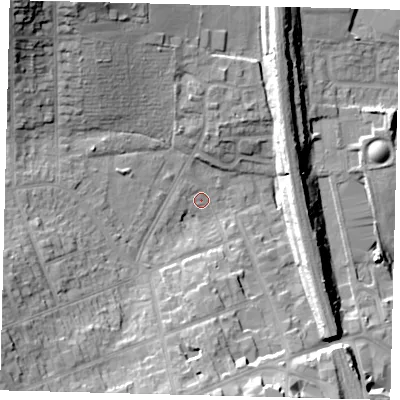 Shaded relief map of the ground around EN55JA, computed from Environment Agency LiDAR. The ground here sits at about 64 m above sea level and falls 30 m across the surrounding 800 m. Surface water reaching this point runs off ground lying to the south-south-east, 14.9 m higher.