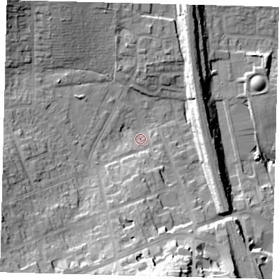 Shaded relief map of the ground around EN55JP, computed from Environment Agency LiDAR. The ground here sits at about 65 m above sea level and falls 32 m across the surrounding 800 m. Surface water reaching this point runs off ground lying to the south, 26.2 m higher.