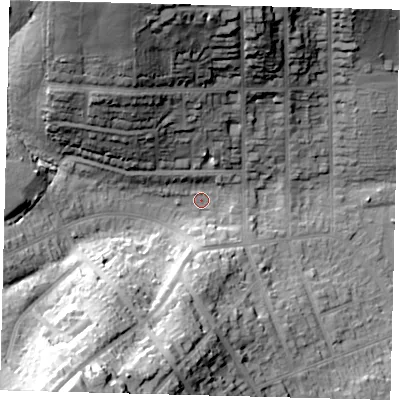 Shaded relief map of the ground around EN55LE, computed from Environment Agency LiDAR. The ground here sits at about 72 m above sea level and falls 44 m across the surrounding 800 m. Surface water reaching this point runs off ground lying to the north-north-west, 38.9 m higher.