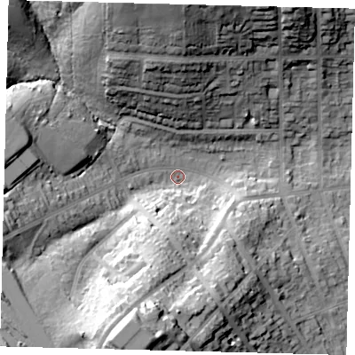 Shaded relief map of the ground around EN55LG, computed from Environment Agency LiDAR. The ground here sits at about 73 m above sea level and falls 41 m across the surrounding 800 m. Surface water reaching this point runs off ground lying to the south-south-west, 33.8 m higher.