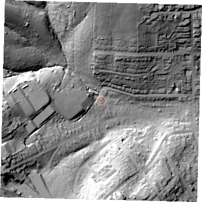 Shaded relief map of the ground around EN55LN, computed from Environment Agency LiDAR. The ground here sits at about 78 m above sea level and falls 44 m across the surrounding 800 m. Surface water reaching this point runs off ground lying to the north, 36.3 m higher.