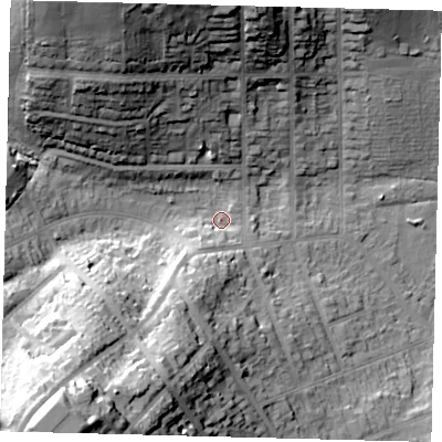 Shaded relief map of the ground around EN55NE, computed from Environment Agency LiDAR. The ground here sits at about 73 m above sea level and falls 44 m across the surrounding 800 m. Surface water reaching this point runs off ground lying to the south-west, 6.1 m higher.