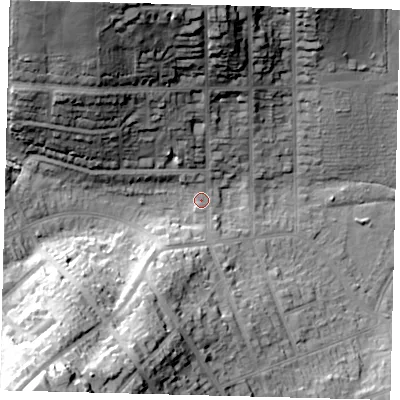 Shaded relief map of the ground around EN55NG, computed from Environment Agency LiDAR. The ground here sits at about 73 m above sea level and falls 45 m across the surrounding 800 m. Surface water reaching this point runs off ground lying to the north-north-west, 38.9 m higher.
