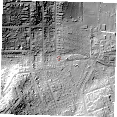 Shaded relief map of the ground around EN55PG, computed from Environment Agency LiDAR. The ground here sits at about 70 m above sea level and falls 46 m across the surrounding 800 m. Surface water reaching this point runs off ground lying to the north-west, 41.4 m higher.