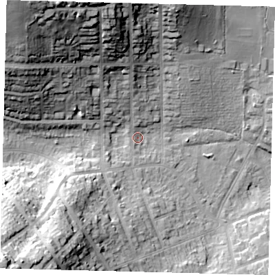 Shaded relief map of the ground around EN55QS, computed from Environment Agency LiDAR. The ground here sits at about 71 m above sea level and falls 48 m across the surrounding 800 m. Surface water reaching this point runs off ground lying to the north-north-west, 36.7 m higher.