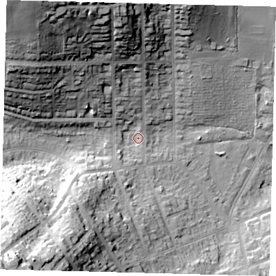Shaded relief map of the ground around EN55QU, computed from Environment Agency LiDAR. The ground here sits at about 71 m above sea level and falls 47 m across the surrounding 800 m. Surface water reaching this point runs off ground lying to the north-west, 40.5 m higher.