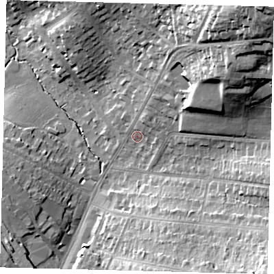 Shaded relief map of the ground around EN61BX, computed from Environment Agency LiDAR. The ground here sits at about 94 m above sea level and falls 36 m across the surrounding 800 m. Surface water reaching this point runs off ground lying to the north-east, 29.8 m higher.