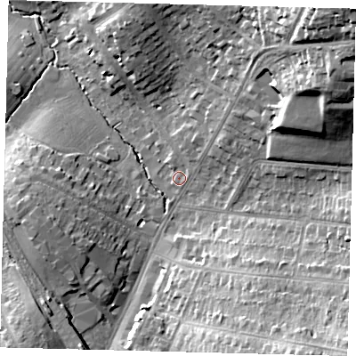 Shaded relief map of the ground around EN61DD, computed from Environment Agency LiDAR. The ground here sits at about 92 m above sea level and falls 34 m across the surrounding 800 m. Surface water reaching this point runs off ground lying to the north-east, 29.6 m higher.