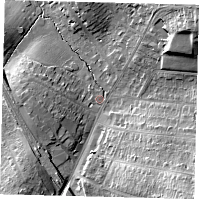 Shaded relief map of the ground around EN61DH, computed from Environment Agency LiDAR. The ground here sits at about 92 m above sea level and falls 28 m across the surrounding 800 m. Surface water reaching this point runs off ground lying to the south-east, 21.7 m higher.