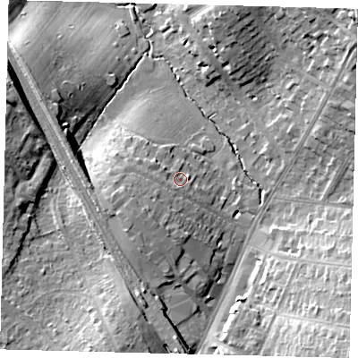Shaded relief map of the ground around EN61DQ, computed from Environment Agency LiDAR. The ground here sits at about 95 m above sea level and falls 20 m across the surrounding 800 m. Surface water reaching this point runs off ground lying to the south-west, 5.7 m higher.