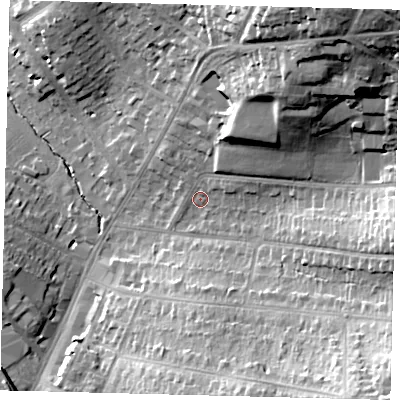 Shaded relief map of the ground around EN61QY, computed from Environment Agency LiDAR. The ground here sits at about 95 m above sea level and falls 34 m across the surrounding 800 m. Surface water reaching this point runs off ground lying to the east-north-east, 3.5 m higher.