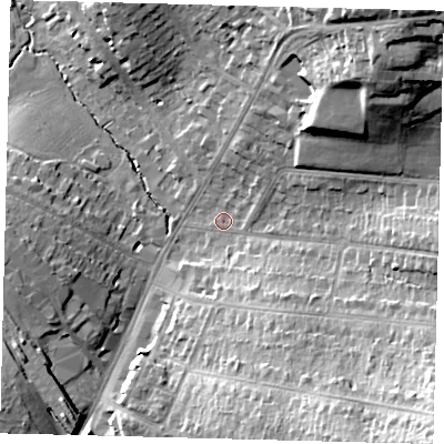 Shaded relief map of the ground around EN61UT, computed from Environment Agency LiDAR. The ground here sits at about 93 m above sea level and falls 32 m across the surrounding 800 m. Surface water reaching this point runs off ground lying to the south-east, 22.6 m higher.