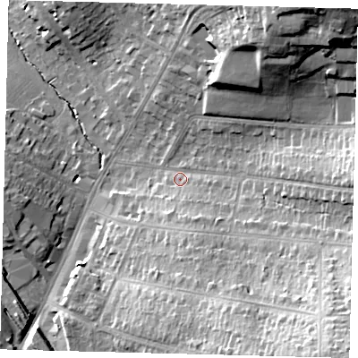 Shaded relief map of the ground around EN61XN, computed from Environment Agency LiDAR. The ground here sits at about 95 m above sea level and falls 31 m across the surrounding 800 m. Surface water reaching this point runs off ground lying to the south-east, 25.3 m higher.