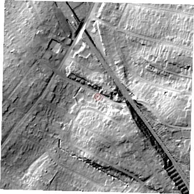 Shaded relief map of the ground around EN62AW, computed from Environment Agency LiDAR. The ground here sits at about 98 m above sea level and falls 22 m across the surrounding 800 m. Surface water reaching this point runs off ground lying to the south-east, 12.8 m higher.