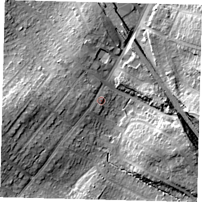 Shaded relief map of the ground around EN62EA, computed from Environment Agency LiDAR. The ground here sits at about 99 m above sea level and falls 18 m across the surrounding 800 m. Surface water reaching this point runs off ground lying to the west-south-west, 15.8 m higher.