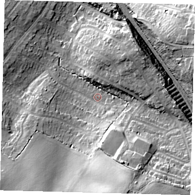 Shaded relief map of the ground around EN62EF, computed from Environment Agency LiDAR. The ground here sits at about 98 m above sea level and falls 25 m across the surrounding 800 m. Surface water reaching this point runs off ground lying to the south-south-east, 21.1 m higher.