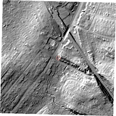Shaded relief map of the ground around EN62HU, computed from Environment Agency LiDAR. The ground here sits at about 97 m above sea level and falls 19 m across the surrounding 800 m. Surface water reaching this point runs off ground lying to the west-south-west, 14.2 m higher.