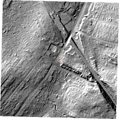 Shaded relief map of the ground around EN62HX, computed from Environment Agency LiDAR. The ground here sits at about 98 m above sea level and falls 19 m across the surrounding 800 m. Surface water reaching this point runs off ground lying to the west-south-west, 9.2 m higher.