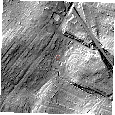 Shaded relief map of the ground around EN62LL, computed from Environment Agency LiDAR. The ground here sits at about 97 m above sea level and falls 18 m across the surrounding 800 m. Surface water reaching this point runs off ground lying to the west, 14.3 m higher.