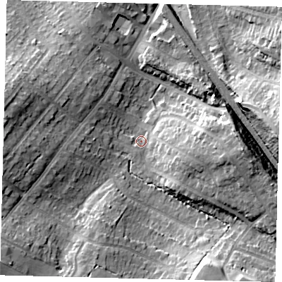 Shaded relief map of the ground around EN62LS, computed from Environment Agency LiDAR. The ground here sits at about 97 m above sea level and falls 19 m across the surrounding 800 m. Surface water reaching this point runs off ground lying to the east, 13.3 m higher.