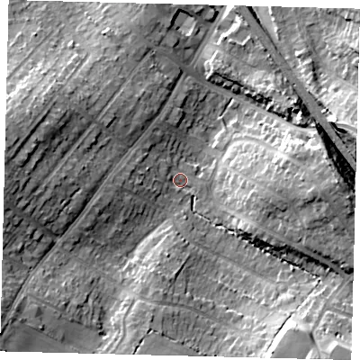 Shaded relief map of the ground around EN62LT, computed from Environment Agency LiDAR. The ground here sits at about 97 m above sea level and falls 17 m across the surrounding 800 m. Surface water reaching this point runs off ground lying to the south-east, 14.8 m higher.