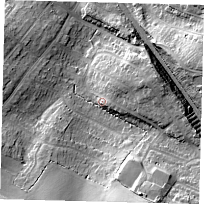Shaded relief map of the ground around EN62LU, computed from Environment Agency LiDAR. The ground here sits at about 101 m above sea level and falls 21 m across the surrounding 800 m. Surface water reaching this point runs off ground lying to the east-north-east, 7.7 m higher.