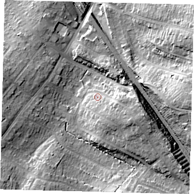 Shaded relief map of the ground around EN62NW, computed from Environment Agency LiDAR. The ground here sits at about 100 m above sea level and falls 21 m across the surrounding 800 m. Surface water reaching this point runs off ground lying to the east-south-east, 9.1 m higher.