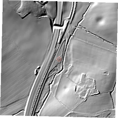 Shaded relief map of the ground around EN63NL, computed from Environment Agency LiDAR. The ground here sits at about 80 m above sea level and falls 21 m across the surrounding 800 m. Surface water reaching this point runs off ground lying to the south-south-east, 14.8 m higher.