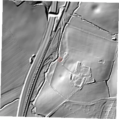 Shaded relief map of the ground around EN63NN, computed from Environment Agency LiDAR. The ground here sits at about 80 m above sea level and falls 18 m across the surrounding 800 m. Surface water reaching this point runs off ground lying to the south-south-east, 14.7 m higher.