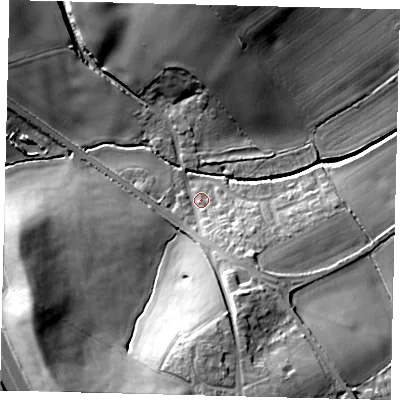 Shaded relief map of the ground around EN63PR, computed from Environment Agency LiDAR. The ground here sits at about 86 m above sea level and falls 20 m across the surrounding 800 m. Surface water reaching this point runs off ground lying to the south, 14.4 m higher.