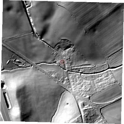 Shaded relief map of the ground around EN63PS, computed from Environment Agency LiDAR. The ground here sits at about 85 m above sea level and falls 19 m across the surrounding 800 m. Surface water reaching this point runs off ground lying to the north, 16.6 m higher.