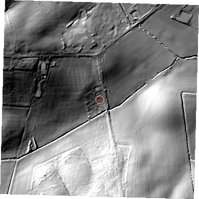 Shaded relief map of the ground around EN64DL, computed from Environment Agency LiDAR. The ground here sits at about 55 m above sea level and falls 34 m across the surrounding 800 m. Surface water reaching this point runs off ground lying to the west-north-west, 25.5 m higher.