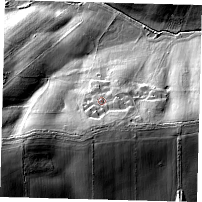 Shaded relief map of the ground around EN64EW, computed from Environment Agency LiDAR. The ground here sits at about 83 m above sea level and falls 39 m across the surrounding 800 m. Surface water reaching this point runs off ground lying to the south, 8.9 m higher.