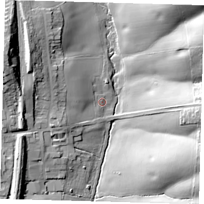 Shaded relief map of the ground around EN64EX, computed from Environment Agency LiDAR. The ground here sits at about 53 m above sea level and falls 35 m across the surrounding 800 m. Surface water reaching this point runs off ground lying to the west-north-west, 13.8 m higher.