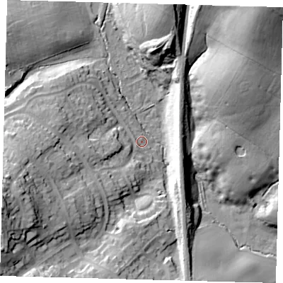 Shaded relief map of the ground around EN64QJ, computed from Environment Agency LiDAR. The ground here sits at about 58 m above sea level and falls 40 m across the surrounding 800 m. Surface water reaching this point runs off ground lying to the west-south-west, 33.8 m higher.