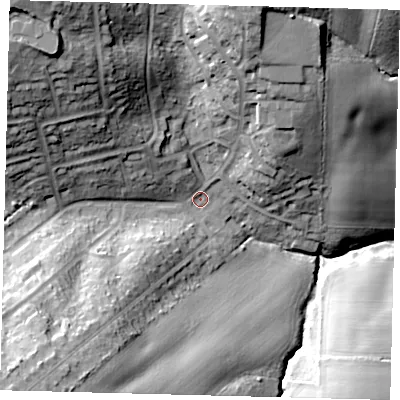Shaded relief map of the ground around EN65NX, computed from Environment Agency LiDAR. The ground here sits at about 93 m above sea level and falls 42 m across the surrounding 800 m. Surface water reaching this point runs off ground lying to the north-west, 31.1 m higher.