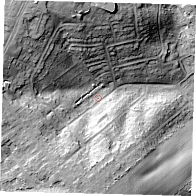 Shaded relief map of the ground around EN65PZ, computed from Environment Agency LiDAR. The ground here sits at about 102 m above sea level and falls 34 m across the surrounding 800 m. Surface water reaching this point runs off ground lying to the south-south-west, 20.5 m higher.