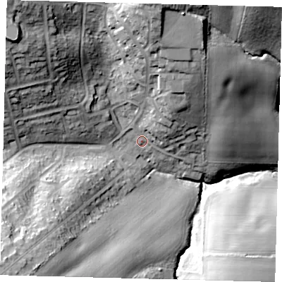 Shaded relief map of the ground around EN65QD, computed from Environment Agency LiDAR. The ground here sits at about 94 m above sea level and falls 41 m across the surrounding 800 m. Surface water reaching this point runs off ground lying to the north-west, 30.4 m higher.