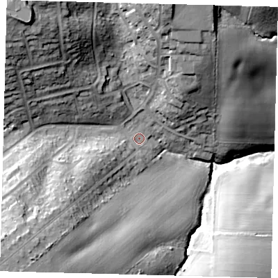 Shaded relief map of the ground around EN65QH, computed from Environment Agency LiDAR. The ground here sits at about 93 m above sea level and falls 39 m across the surrounding 800 m. Surface water reaching this point runs off ground lying to the south-west, 28.2 m higher.